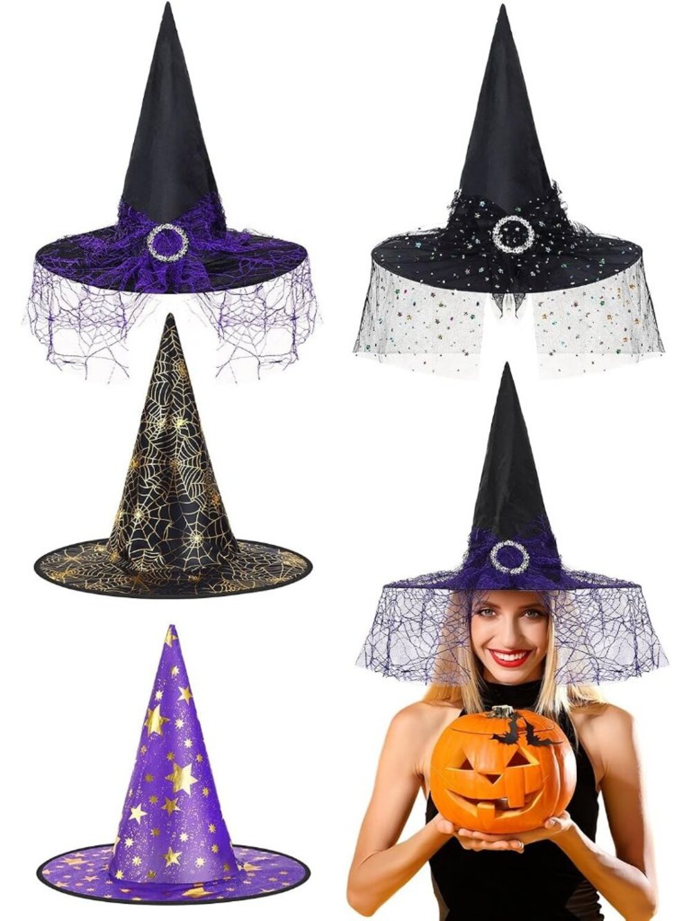 🎃Women's 4 Pcs Halloween Witch Hat Witches Hat Foldable Cap Halloween Costume